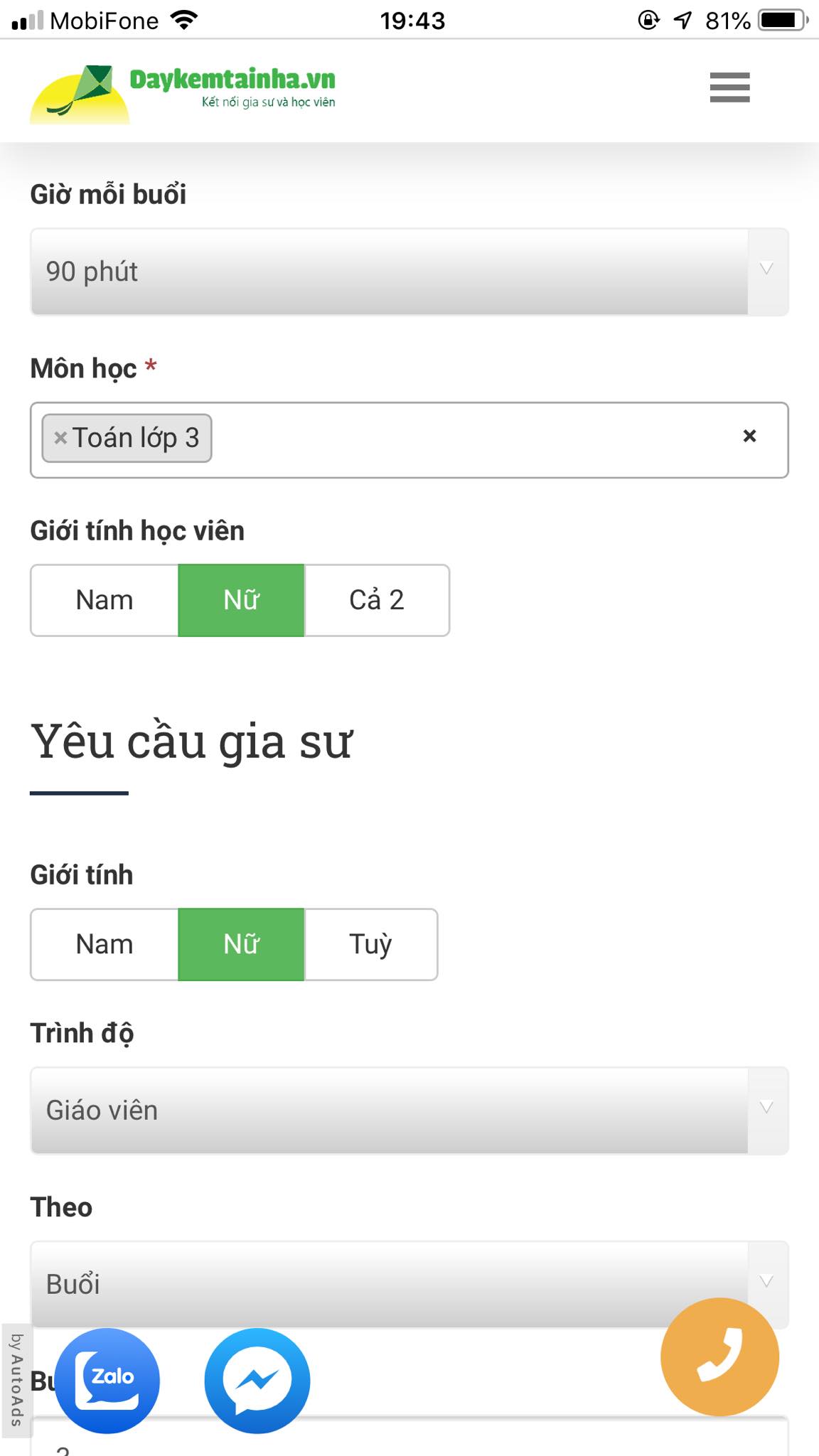 Học phí Toán lớp 3